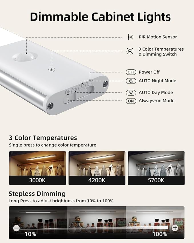 EZVALO Under Cabinet Lighting, Motion Sensor Closet Lights with Extra Detachable Battery, 76 LEDs Dimmable, 3 Color Temps, Under Counter Lights for Kitchen, Wardrobe