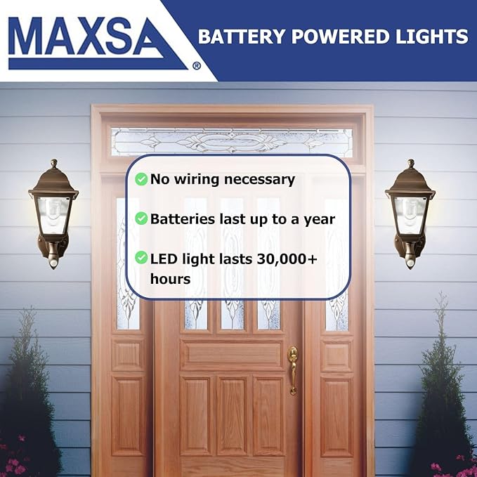 Maxsa 46219 Premium Battery-Powered Motion-Activated Decorative Outdoor Cool White LED Wall Sconce Lighting Fixture, Metal Housing, Dark Copper