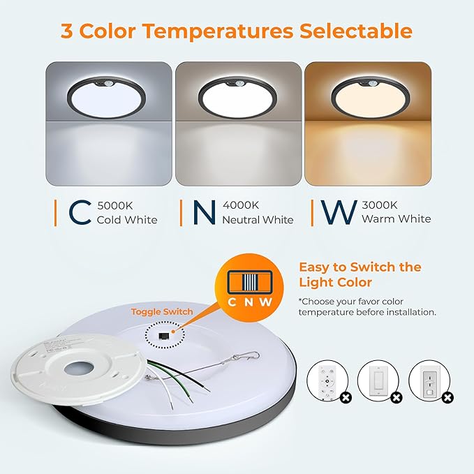 BLNAN Motion Sensor Ceiling Light Wired, 8.7 Inch 3000K 4000K 5000K Selectable Motion Activated LED Flush Mount Light Fixture with Timer for Walk-in Closet Laundry Hallway Stair, Black Frame, 2 Pack