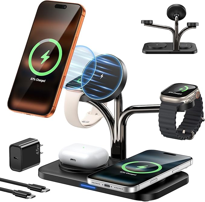 45W 5 in 1 Magnetic Charging Station for Apple Multiple Devices, Dual Phone & Apple Watch Charger Stand, Fast Wireless Charger for MagSafe Charger for iPhone 17-12 Series, for Apple Watch & AirPods