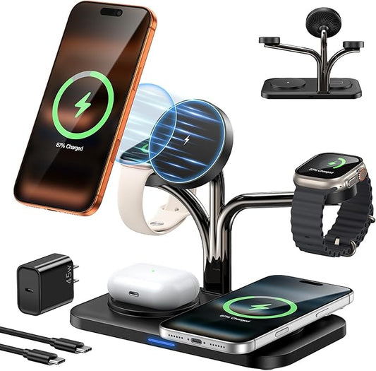 45W 5 in 1 Magnetic Charging Station for Apple Multiple Devices, Dual Phone & Apple Watch Charger Stand, Fast Wireless Charger for MagSafe Charger for iPhone 17-12 Series, for Apple Watch & AirPods
