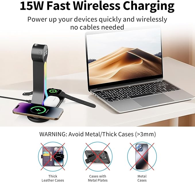 Transform Your Desk – 3-in-1 Wireless Charging Station with Headphone Stand, Dual USB Ports, 15W Fast Charger for Phone/A-irPods/A-pple Watch, RGB Light, LED Alarm Clock – Charge 5 Devices at Once