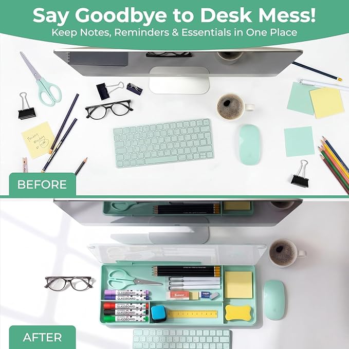 Chalkola Green Glass Desktop Whiteboard with Storage - Dry Erase Board, Work Desk Organizers, Computer Keyboard Stand, Home Office Desk Accessories, Workspace Desktop Buddy