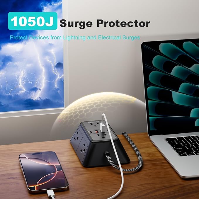 Surge Protector Power Strip with 6 Widely AC Outlets 4 USB Ports(2 USB C), 5 Ft Braided Power Cord, 3-Side Outlet Extender with Overload Protection for Office, Home, Travel Essential