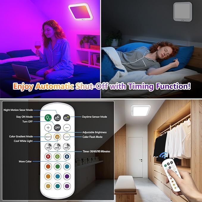 Rechargeable Motion Sensor Closet Light with Remote, Wireless Shower Lights for Inside Shower, Battery Powered Closet Light Magnetic, LED Shower Light No Wiring for Bathroom, Shower, Closet, 2-Pack