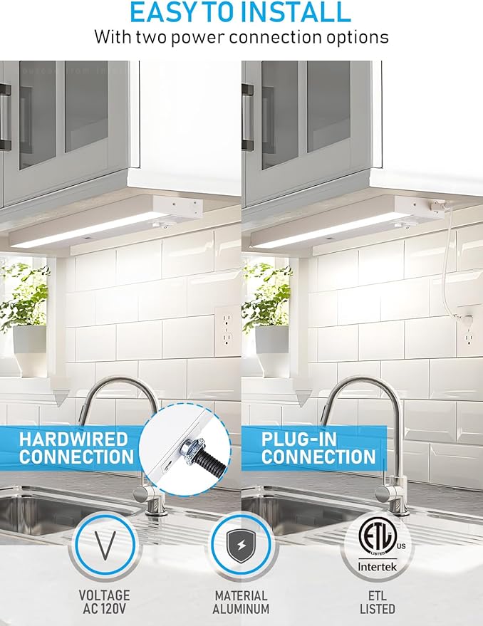 TORCHSTAR LED Under Cabinet Lighting 3CCT, 12 Inch 8W 540LM, Hardwired & Plug-in, Hand Wave Motion Sensor, CRI90 120V ETL Dimmable Under Counter Lights for Kitchen, White Aluminum Housing, Pack of 2