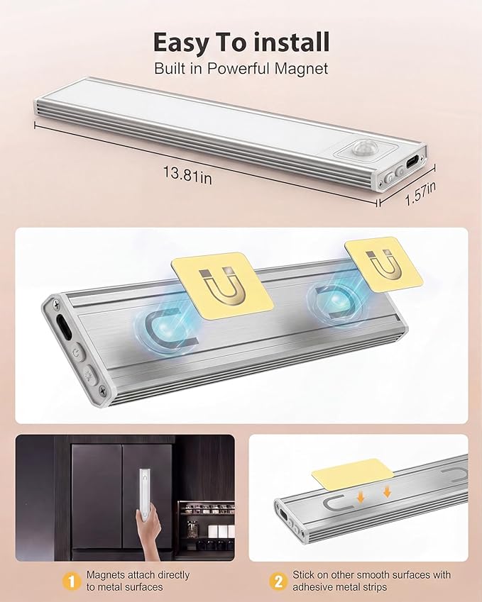 Abovizo 2 Pack Under Cabinet Lighting, 3 Color Temps, Battery Operated Motion Sensor Light Indoor, Dimmable Under Counter Lights for Kitchen Stairs Closet Pantry