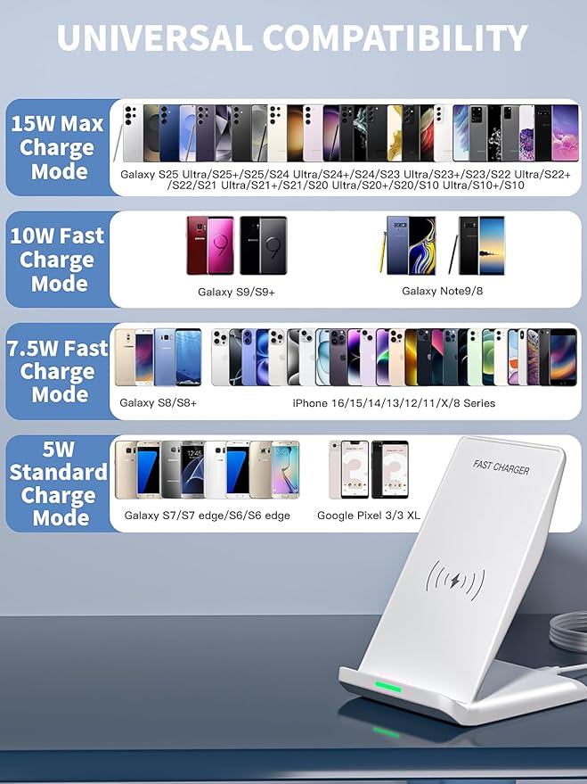 15W Wireless Phone Charger Stand,6FT Fast Android Wireless Charger Station for iPhone 17/17 Air/17 Pro Max/15/14/13, 15W Fast Charging for Samsung Galaxy S23 S22 S21 with 20W USB C Charging Block Cube