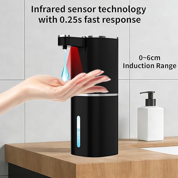 Automatic Liquid Soap Dispenser, Touchless Rechargeable Hand Soap Dispenser, 4 Adjustable Levels, 1200mAh Battery, Large Display, for Kitchen & Bathroom (Black, Liquid)