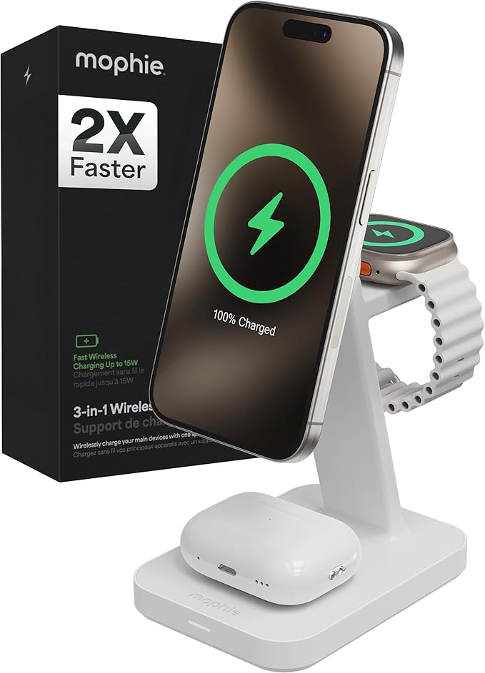 Mophie Snap+ 3-in-1 Wireless Charging Stand - MagSafe & Qi2 Certified, Compatible w/iPhone 17/16/15/14/13/12, Apple Watch, AirPods - Multi-Device Magnetic Charging Station, Eco-Friendly Design, White