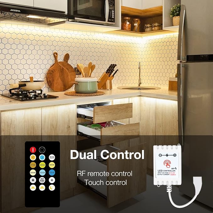DAYBETTER Under Cabinet Lighting kit, 6 PCS LED Strip Lights with Remote, Dimmer and Adapter, Dimmable for Kitchen Cabinet,Counter,TV Back,Showcase 2700K-6500K Warm to Daylight White, Timing, 20ft