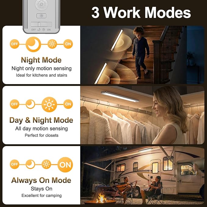 BLS 10inch Under Cabinet Lighting, 80 LED Motion Sensor Light Indoor, 1800mAh Rechargeable Wireless Closet Lights, 4 Sensor Modes, 3 Color Dimmable Magnetic Under Counter Lights for Kitchen, 2 Pack