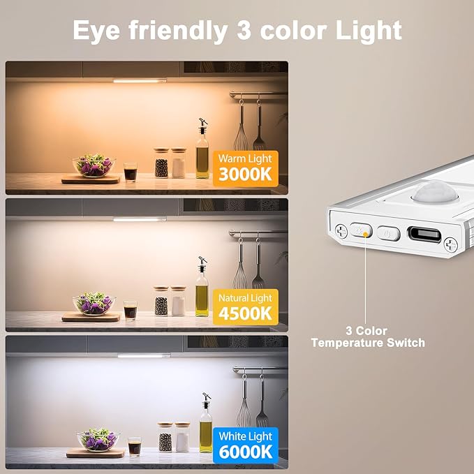 Onforu 9.8" Under Cabinet Lighting, 2000mAh USB-C Rechargeable, Motion Sensor Under Cabinet Lights with 3 Color & Dimmable, Magnetic Under Counter Lights for Kitchen, Closet, 6 Pack