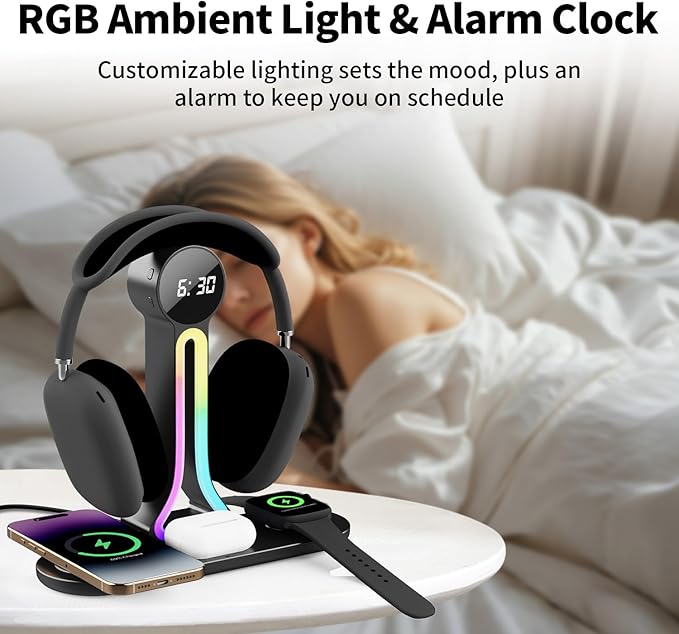 Transform Your Desk – 3-in-1 Wireless Charging Station with Headphone Stand, Dual USB Ports, 15W Fast Charger for Phone/A-irPods/A-pple Watch, RGB Light, LED Alarm Clock – Charge 5 Devices at Once