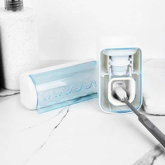 5 Slots Wall Mount Toothbrush Holder with Cover, Self Adhesive Toothbrush Storage Organizer for Shower, Toothbrush Hanger with Automatic Toothpaste Squeezer Dispenser (Blue)