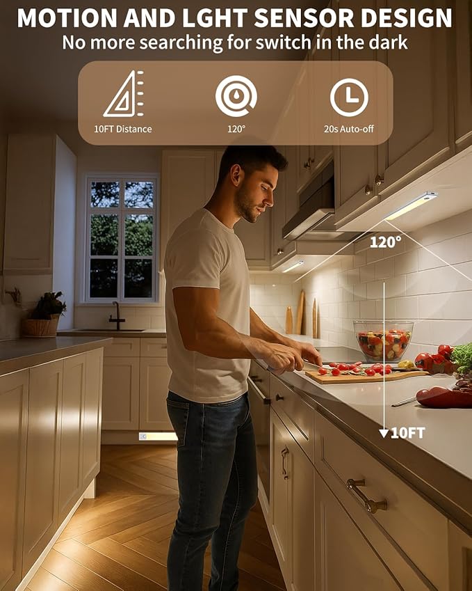 Under Cabinet Lighting 8 inch Rechargeable Battery Operated Motion Sensor Light Wireless Under Counter Lights for Kitchen, Stairs,Hallway (3 Pack)