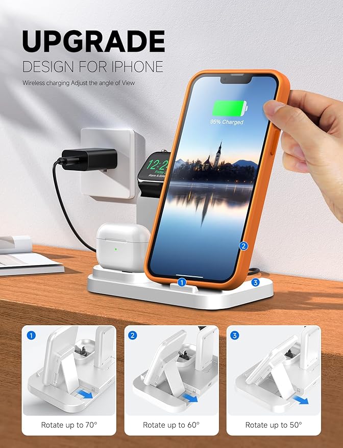 Wireless Charging Station 3 in 1 RJR Compatible with Apple Devices, Charging Dock for iWatch, Built-in Wireless Charger Stand for iPhone Series AirPods Gifts (with 18W Adapter) White