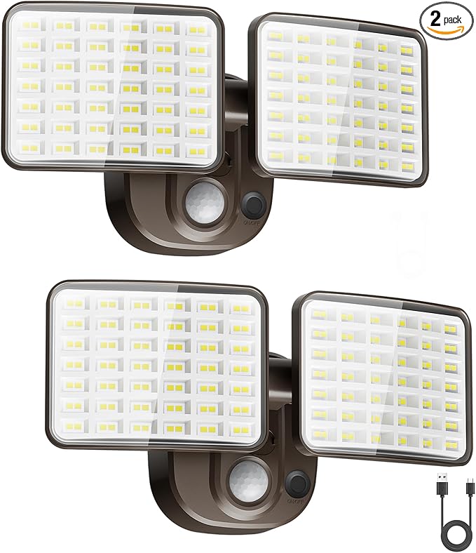 Rechargeable Battery-Powered Motion Light (1-3 Months Endurance), 2500LM Standard & 4000LM High-Brightness Dual Modes, USB Charging Outdoor LED Flood Light for Garage,Yard,Patio,Garden (Brown) 2 Packs