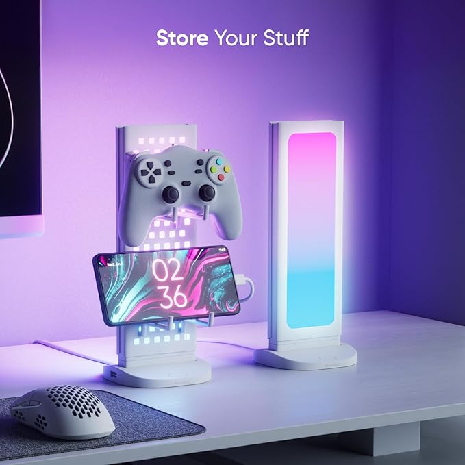 Nanoleaf Pegboard Desk Dock, 3‑in‑1 Desk Hub with Dual‑Sided LED Lighting, USB‑A & USB‑C Charging, 950 mm Pegboard Storage, 50 Lumens, 64 RGB LEDs, Works with Nanoleaf Desktop App, White