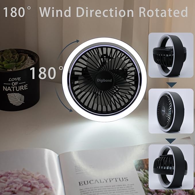 Digibond Small Fan, High Power Silent Desk Fan Portable USB Fan 3000mAh Rechargeable Battery Powered, 3 Speed 5.3in with Night Light/Hook,180°Rotated Easy Clean (Black)