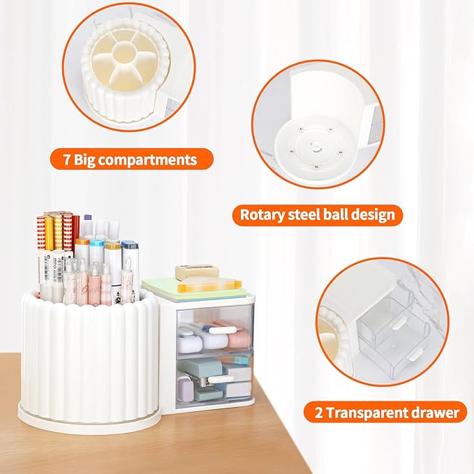 LETURE Rotating Office Desk Organizers and Accessories with 2 Drawer, Pencil Pen Marker Holder for Desk, Desktop Storage Organizers and Accessories for Office Home Art Supplies (White)