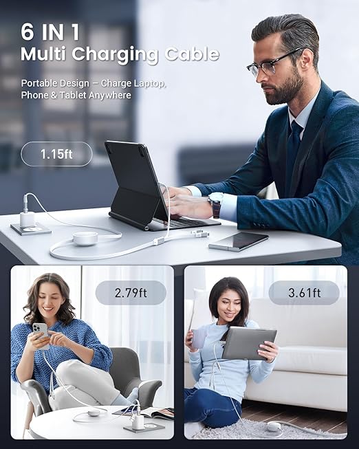 CAFELE 100W Multi Charging Cable, 6-in-1 Retractable USB C/A Cable, 5A Fast Charger Cord for Multiple Devices with Type C/L/Micro Ports for Phone 17 16 15 14 Pro Max, S24/S23, MBook, Pad (3.6ft) White