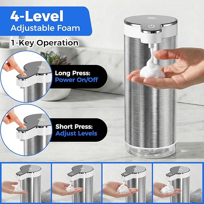 Automatic Foaming Soap Dispenser Touchless, Stainless Steel Hand Soap Dispenser, USB Rechargeable, 4 Adjustable Levels, 11.8oz/350ml for Kitchen and Bathroom (Stainless Steel White, Foam)
