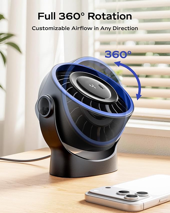SWEETFULL USB Small Desk Fan - 5 Inch Mini Personal Desktop Fan, 4 Speeds Cooling Strong Airflow, 360° Adjustable Tilt, Quiet Portable Table Fans for Bedroom, Home, Office, Travel & Cruise, Black