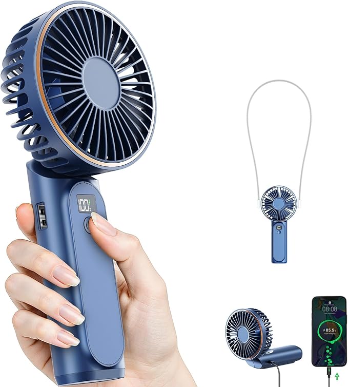 TUNISE Portable Handheld Fan, Portable Fan Rechargeable, 4000mAh, 180° Adjustable, 6 Speed Wind, Display Electricity in Real Time, USB Rechargeable Foldable F an, Quiet Personal Fan with Power Bank