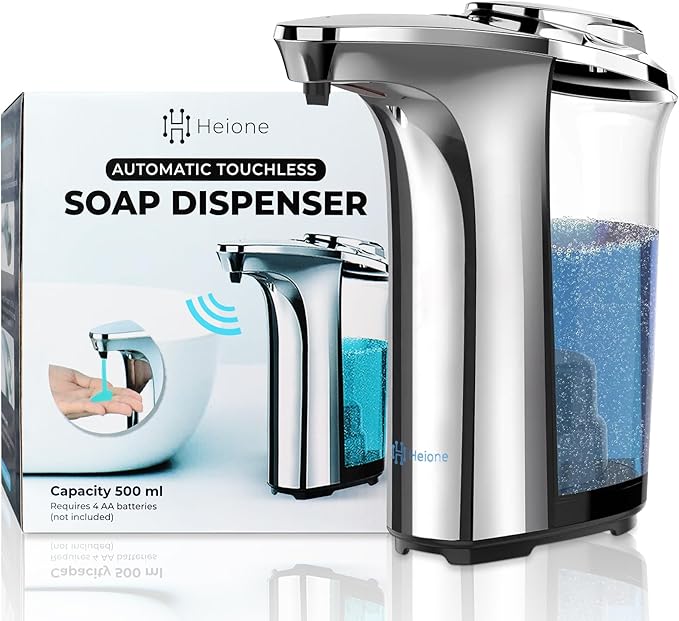 Automatic Soap Dispenser Touchless - Battery Operated Sensor Liquid Soap Pump for Kitchen Sink & Bathroom - Silver Glossy Color, 5 Adjustable Levels, IPX4 Waterproof, 17oz / 500ml