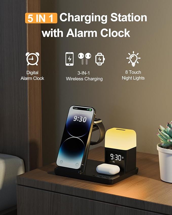 Wireless Charging Station Alarm Clock with 8 Touch Night Lights: 5 in 1 Charger Stand for Apple Devices, Charging Dock for iPhone 17 16 15 14 13 12 Pro Max Plus/Apple Watch/AirPods, Dimmable