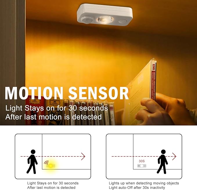 Rechargeable Motion Sensor Puck Lights, Under Cabinet Lights Wireless, LED Closet Lights Battery Operated, Dimmable Stick on Night Lights for Kitchen, Pantry, Stairway, Shelf, Warm White, 4 Pack