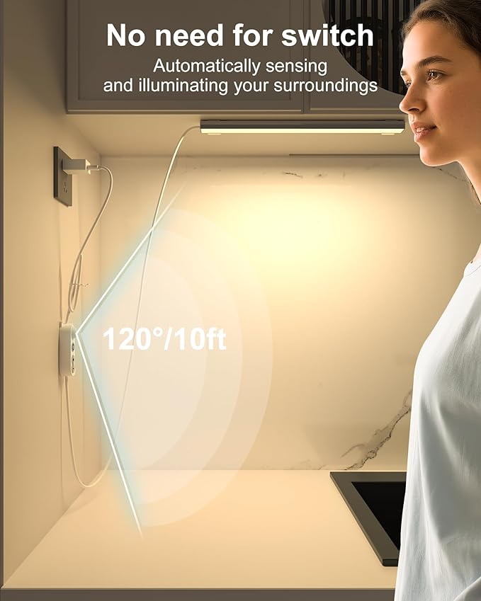 ASOKO Motion Sensor Dimmable Led Under Cabinet Lighting,12 inches Plug in Led Counter Light Bars, 2700K Warm White Light Bar for Kitchen/Closet/Wardrobe/Shelf/Desk/Display Case