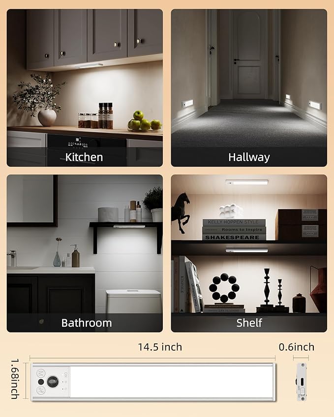 EZVALO 14.5inch Under Cabinet Lighting, Rechargeable Motion Sensor Light Indoor with 3 Color Temperatures, Dimmable & Magnetic Closet Lights, Wireless Under Counter Lights for Kitchen, Stairs (2 Pack)