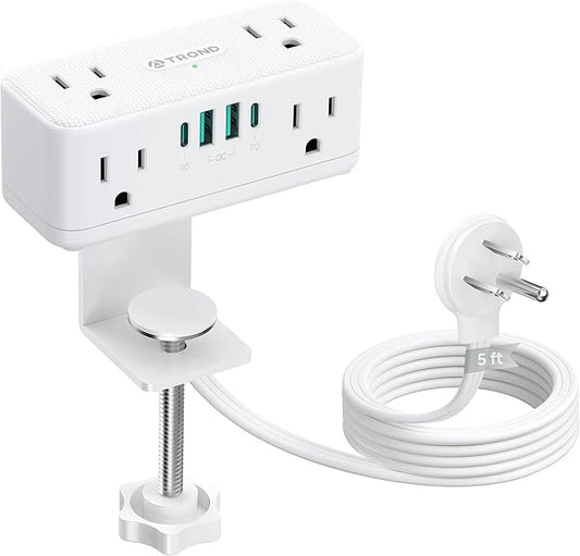 TROND Small Footprint Desk Clamp Power Strip USB C PD 20W, Flat Plug Extension Cord 5ft, 3 Sided 6 Outlets, 4 USB, 900J Surge Protection, Fit 2.16" Tabletop Edge, Home Office Desk Accessories, White