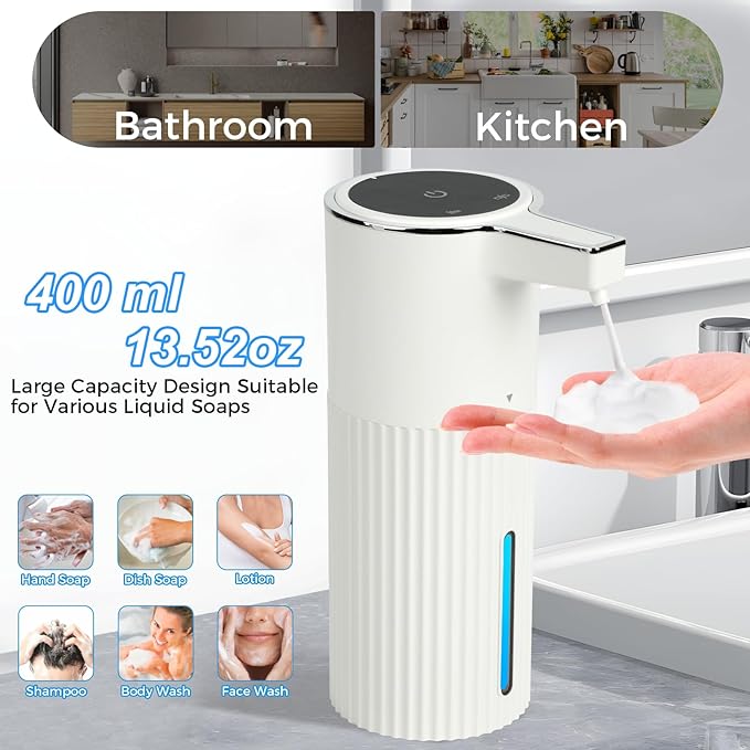 Automatic Foaming Soap Dispenser, 13.52oz/400ml Rechargeable Touchless Smart Foam Soap Dispenser, Hand Dish Soap Dispensers for Bathroom & Kitchen - Wall Mounted, 4 Adjustable Level, IPX5 Waterproof