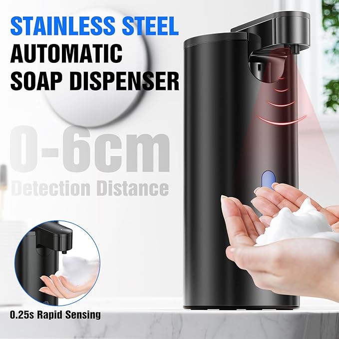 Fantictas Automatic Foaming Soap Dispenser Touchless, Stainless Steel 11.5 oz 3 Levels Adjustable Hand Soap Dispenser with Rechargeable Sensor Pump for Kitchen & Bathroom Liquid Soap,Black