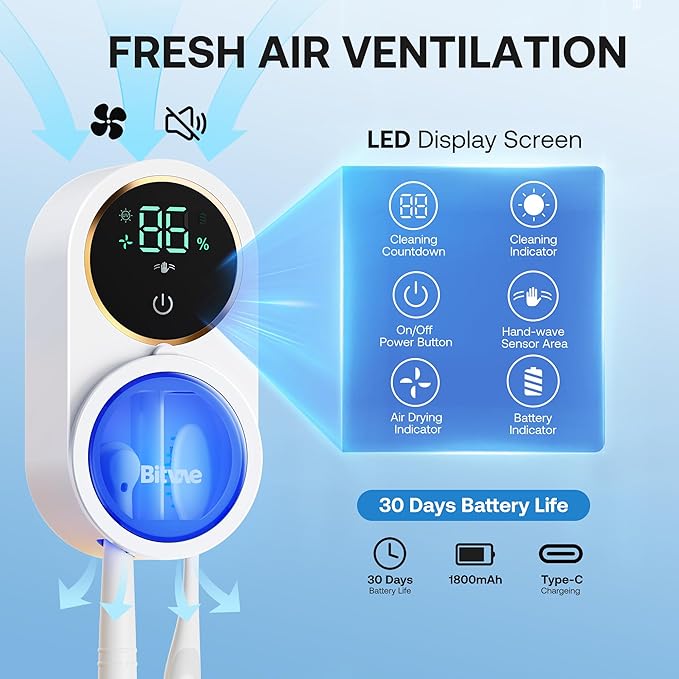 Bitvae Upgraded Tooth Brush Holder for Bathroom 2.0, Infrared Sensing Toothbrush Cleaner, Wall-Mounted for Most Size Toothbrushes, Air Drying, LED Smart Screen, White Gold Trim