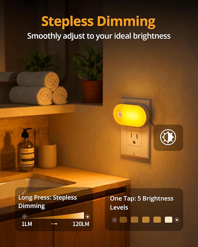 Lyridz 120LM Ultra Bright Plug-in Motion Sensor Night Light, Stepless Dimmable LED Nightlight, Always-On and Auto-Off, for Hallway, Stairs, Bathroom, Bedroom, Garage, Amber (2-Pack)