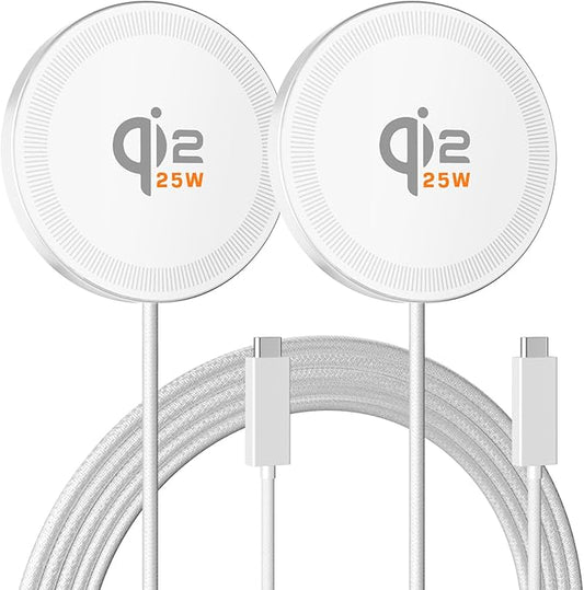 25W Magnetic Wireless Charger: Qi2.2 Qi2 Fast Charging Pad for iPhone 17 16 15 14 13 12 Pro Max, Samsung Galaxy S26 S25, Google Pixel 10, AirPods-Slim Portable for Travel Bedside Office-White 2 Pack