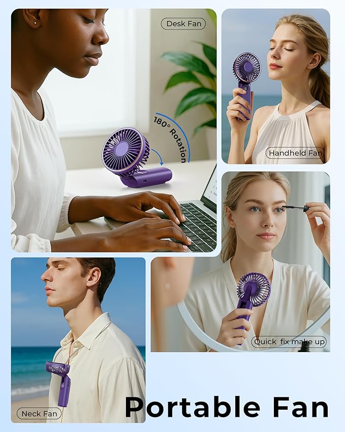 TUNISE Portable Handheld Fan, 4000mAh, 180 Adjustable, 6 Speed Wind, USB Rechargeable Foldable Fan with Real-Time Electricity Display
