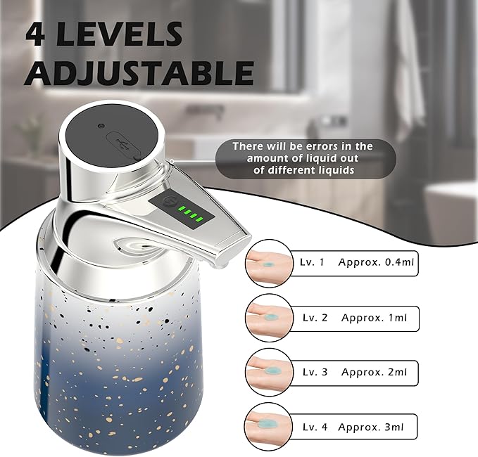 Adjustable Automatic Soap Dispenser Touchless, Ceramic Material，4 Adjustable Levels， Type-c Rechargeable Operated Sensor Liquid Soap Pump，Touch-Free Hand Sanitizer Dispenser (Starry Silver)