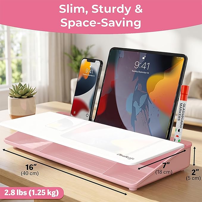 Chalkola Pink Glass Desktop Whiteboard with Storage - Dry Erase Board, Work Desk Organizers, Computer Keyboard Stand, Home Office Desk Accessories, Workspace Desktop Buddy