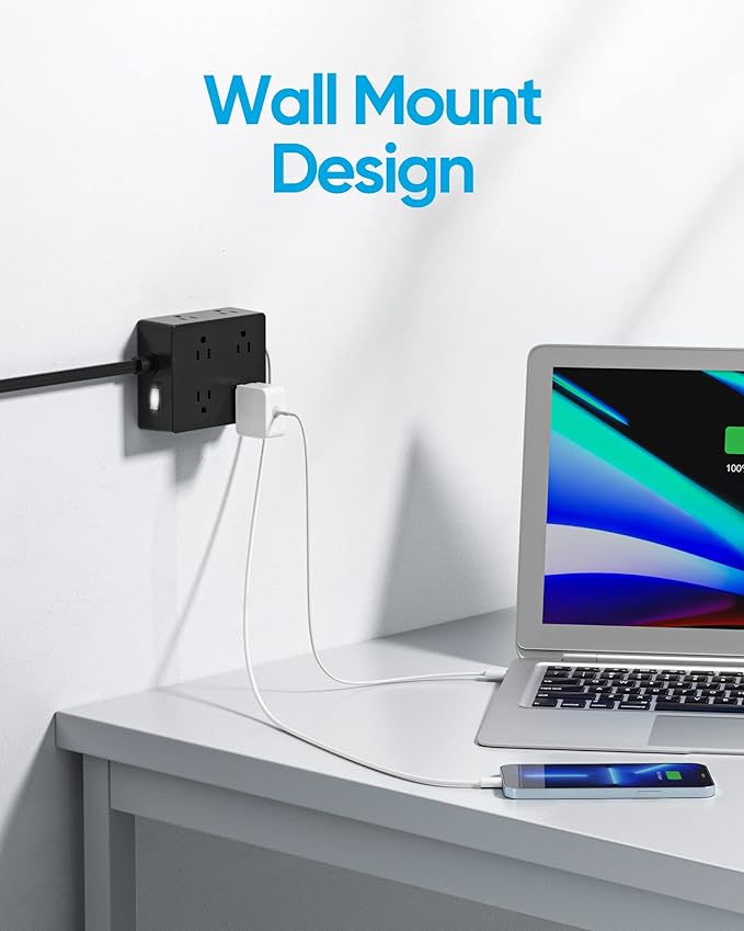 Olcorife Flat Plug Power Strip with 15 FT Extension Cord, 8 Outlets 4 USB Ports(1 USB C), 3 Sided Outlet Extender for Home Office Travel Dorm Room Essentials, Black