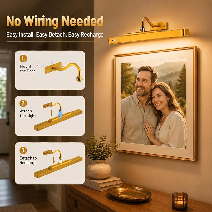 TANBABY 6000mAh Rechargeable LED Picture Lights with Motion Sensor, 3 Color Temps & 5 Levels Brightness Art Light, Cordless Remote Control Magnetic Wall Light for Hallway, Living Room(Gold-1Pack)