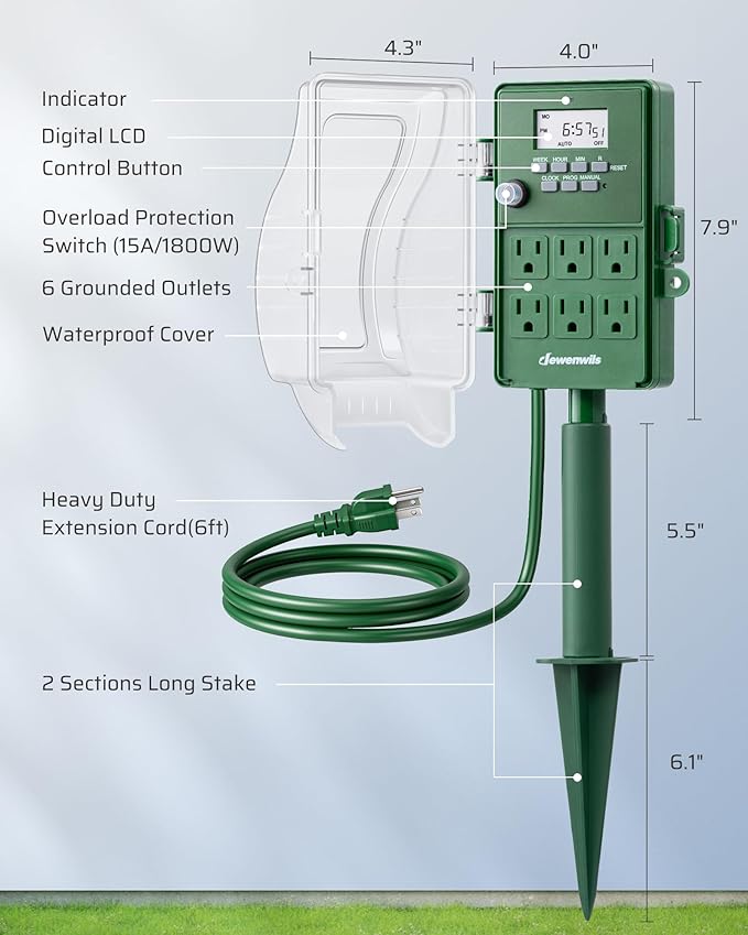 DEWENWILS Outdoor Digital Power Stake Timer, 1800W/15A with 6 Grounded Outlets, 6FT 14/3C Extension Cord, Waterproof Heavy Duty Outlet for Lights, Yard, Garden, ETL Listed