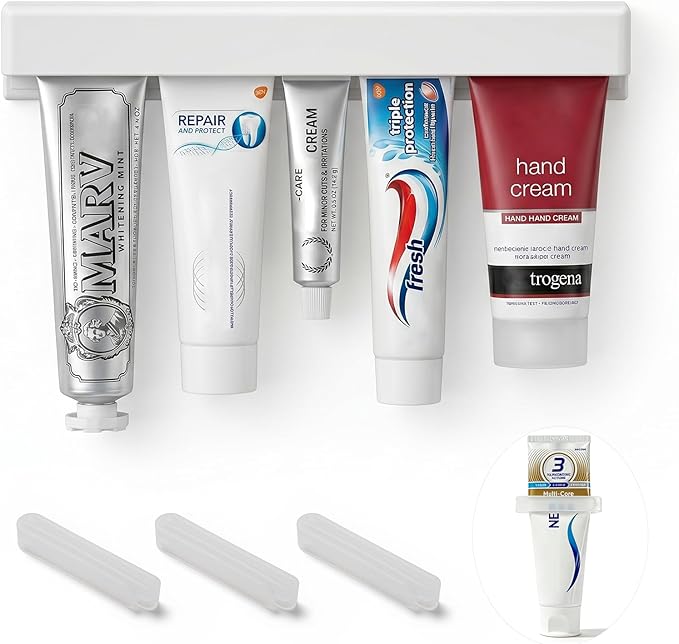 Toothpaste Holder Wall Mounted by JM.JEEMI, Face Cream Tubes Hanger,Tooth Paste Organizers Gripper with 3 Toothpaste Squeezers - White, Extra Large