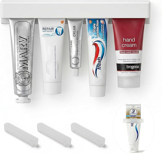 Toothpaste Holder Wall Mounted by JM.JEEMI, Face Cream Tubes Hanger,Tooth Paste Organizers Gripper with 3 Toothpaste Squeezers - White, Extra Large
