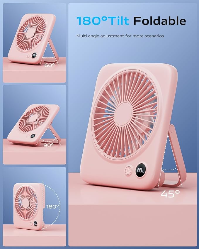Otlonpe Portable Desk Fan 6.5 Inch, 4000mAh Rechargeable Battery Operated & USB Powered, 23Hrs Cordless Small Personal Fan 4-Speed Quiet for Office Travel Home Sleeping, Led Display, Foldable (Pink)