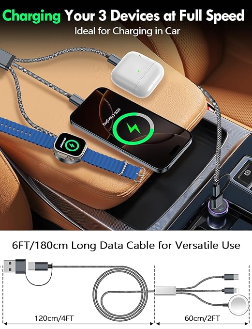 2Pack Multi Charging Cable Cord for Travel Essentials,Apple Watch Charger,iPhone Charger,[3-in-2] Type C/Lightning Cable Portable Designed for iWatch,iPhone 17-8,Galaxy S25-21,AirPods,iPad-1.8M Black